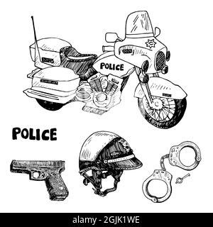 Vélo de police, Glock 22, casque de moto, menottes et clé, dessin d'une boisée à la main, illustration d'un contour isolé Banque D'Images
