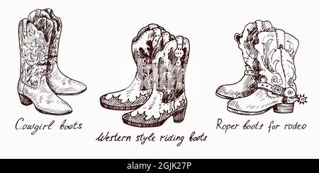 Bottes de cowgirl, bottes d'équitation de style occidental, bottes Roper pour rodéo, illustration de dessin d'encre de style bois avec inscription Banque D'Images