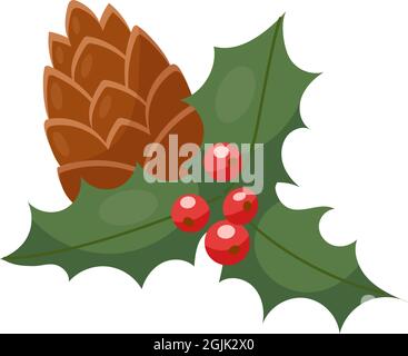 Cône d'épicéa et houx du nouvel an. Illustration vectorielle de style dessin animé. Isolé sur blanc. Illustration de Vecteur