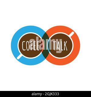 Logo plat couleur conversation café. Deux tasses de café ou de thé icône. Logotype vectoriel. Illustration de la réunion Illustration de Vecteur