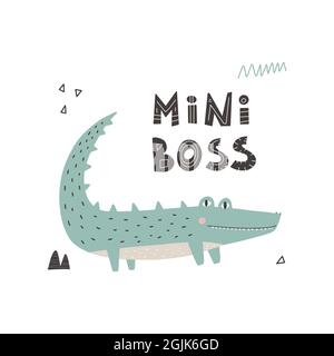 Mignon crocodile drôle, avec le petit patron de lettrage. Illustration vectorielle dessinée à la main style scandinave design plat concept imprimé enfants. Animal sauvage. Illustration de Vecteur