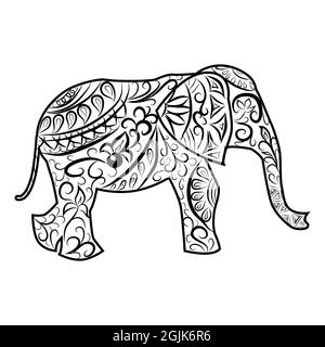 Illustration de l'éléphant en zentrangle dessiné à la main. Élément décoratif à motif caniche abstrait. Livre de coloriage pour adultes Illustration de Vecteur