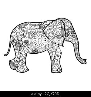 Illustration de l'éléphant en zentrangle dessiné à la main. Élément décoratif à motif caniche abstrait. Livre de coloriage pour adultes Illustration de Vecteur