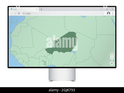 Moniteur d'ordinateur avec carte du Niger dans le navigateur, recherchez le pays du Niger sur le programme de cartographie web. Modèle vectoriel. Illustration de Vecteur