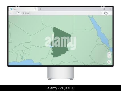 Moniteur d'ordinateur avec carte du Tchad dans le navigateur, recherchez le pays du Tchad sur le programme de cartographie web. Modèle vectoriel. Illustration de Vecteur