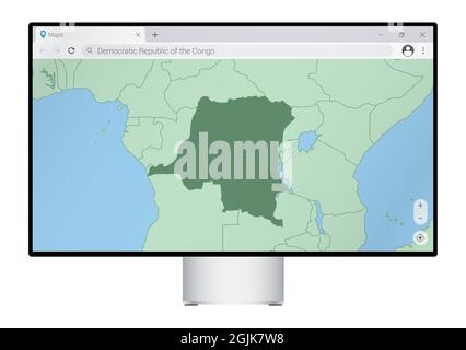 Moniteur d'ordinateur avec carte de la RD Congo dans le navigateur, recherchez le pays de la RD Congo sur le programme de cartographie web. Modèle vectoriel. Illustration de Vecteur