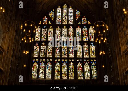 Stainglass de la cathédrale de Gloucester, Gloucester, Royaume-Uni Banque D'Images