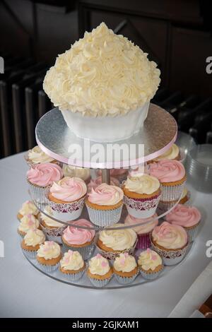Petits gâteaux sur un stand en forme de grand gâteau pour une réception de mariage Banque D'Images