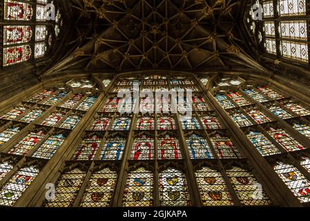 Stainglass de la cathédrale de Gloucester, Gloucester, Royaume-Uni Banque D'Images