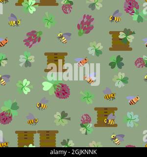 motif vectoriel sans couture avec abeilles, fleurs, feuilles de trèfle et ruches d'abeilles Illustration de Vecteur