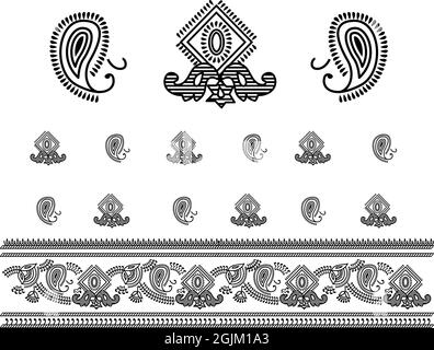 Motif fleur de boho inspiré du mehndi – illustration de style indien avec bordure calligraphique noire et blanche audacieuse. Sans couture Banque D'Images