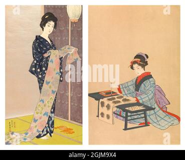 Sélection de 2 boiseries peintes japonais de gauche à droite: 1.Jeune femme en kimono d'été, debout, tenant un long morceau de tissu argenté décoré de motifs de fleurs et de papillons. Sur le sol de tatami vert, un obi orange. Portes coulissantes violettes, ornées de motifs fleurs et oiseaux (1920-30) 2. Femme japonaise bourreau de calligraphie (19e siècle) aménagement optimisé et amélioré unique de deux illustrations japonaises de bois. Banque D'Images