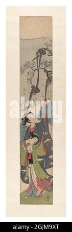 Deux femmes avec des singes courtesan et kamuro (le gardien de son cortesan), qui ont été la proie de trois singes dans un arbre. Illustration japonaise de coupe de bois optimisée numériquement à la fin du XVIIIe siècle. Banque D'Images