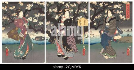 Promenade le soir le long de la rivière scène du soir avec trois femmes sur une rive, près d'un grand arbre fantaisiste avec des fleurs. (Bijinga) version optimisée et améliorée unique d'une illustration japonaise de coupe de bois du XIXe siècle en triptyque. Banque D'Images