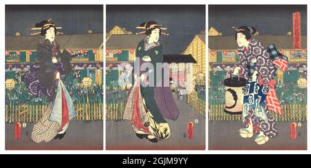 Trois femmes, marchant la nuit devant des iris fleuris, derrière lesquelles se trouvent des maisons de thé. Version optimisée et améliorée unique d'une illustration japonaise de coupe de bois du XIXe siècle en triptyque. Banque D'Images