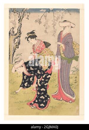 Deux femmes et une fille sous un cerisier en fleur. Illustration japonaise de coupe de bois du XIXe siècle optimisée numériquement (1782 - 1786). Banque D'Images
