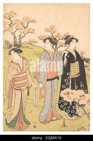 Admirez les cerisiers en fleurs à Asukayama trois femmes marchant dans les collines d'Asuka, parmi les cerisiers en fleurs, illustration japonaise de coupe de bois optimisée numériquement au XVIIIe siècle. Banque D'Images