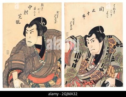 Confrontation entre deux lutteurs sumo acteur Nakamura Shikan II dans le rôle du lutteur sumo Nuregami Chogoro, regardant latéralement. Version optimisée et améliorée d'une illustration japonaise de coupe de bois du XIXe siècle. Banque D'Images