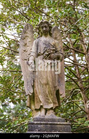 Angel Statue sur une plinthe entourée d'arbres au cimetière d'Arnos Vale, Bristol UK 02-09-2021. Banque D'Images