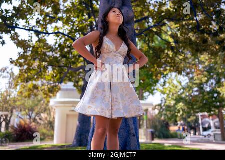 Jeune fille asiatique en admirant les arbres bleus peints Banque D'Images