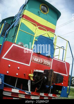 Tournage d'un film à Tchernobyl : locomotive ukrainienne Banque D'Images