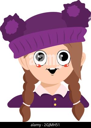 Avatar d'une fille avec de grands yeux et un grand sourire heureux dans un chapeau violet avec un pompon. Tête d'un enfant avec un visage joyeux Illustration de Vecteur