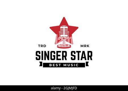 Modèle de logo Singer Star. Silhouette du microphone à l'intérieur de l'étoile. Icône pour diriger, concours de chansons, événement, karaoké, podcast. Banque D'Images