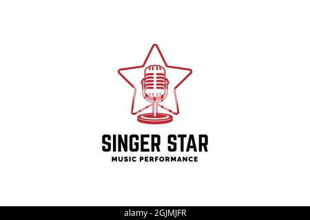 Modèle de logo Singer Star. Silhouette du microphone à l'intérieur de l'étoile. Icône pour diriger, concours de chansons, événement, karaoké, podcast. Banque D'Images