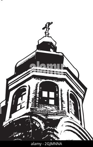 Image en noir et blanc d'une église chrétienne orthodoxe isolée sur fond blanc. Bâtiment avec dômes. Religion, symbole de foi. Archi chrétien Illustration de Vecteur