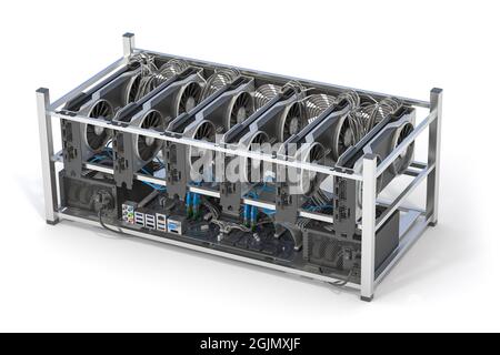 Exploitation minière à partir de cartes graphiques GPU debout dans une rangée isolée sur blanc . illustration 3d Banque D'Images