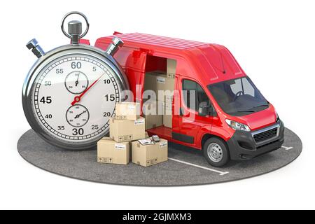 Livraison express rapide et concept logistique. Fourgonnette avec boîtes en carton et chronomètre. illustration 3d Banque D'Images