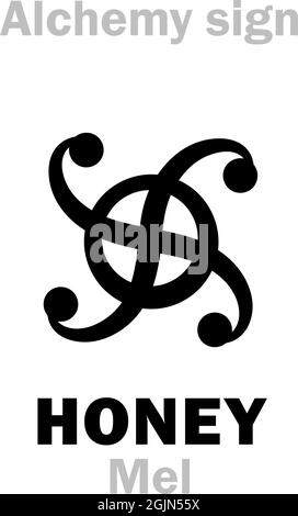 Alchimie Alphabet: MIEL (Mel, μέλῐ), aussi: Mead, doux visqueux liquide alimentaire faite par les abeilles à partir de nectar recueillis à partir de fleurs. Symbole médiéval alchimique. Illustration de Vecteur