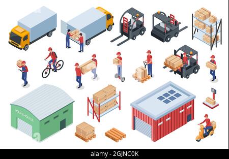 Logistique d'entrepôt isométrique, travailleurs de livraison, véhicules de cargaison. Chariot élévateur, camion, étagères de stockage avec boîtes, kit de vecteur de centre de distribution. Employé avec des colis de carton sur des palettes Illustration de Vecteur
