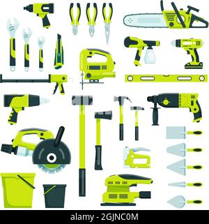 Outils de travail, équipements de construction et de réparation, instruments de construction. Marteau, clé, pince, kit de vecteur d'outil pour menuisier de rénovation. Rénovation de la maison, éléments de menuiserie isolés sur blanc Illustration de Vecteur