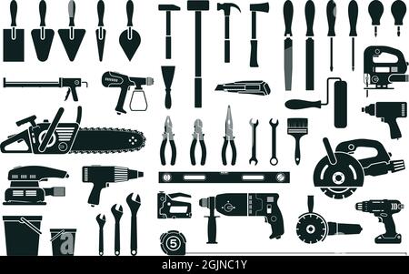 Instruments de construction, de réparation ou de rénovation silhouette. Marteau, tournevis, foret, pince. Ensemble de vecteurs d'icône d'outil de construction de menuisier. Équipement professionnel pour le remodelage de la maison Illustration de Vecteur