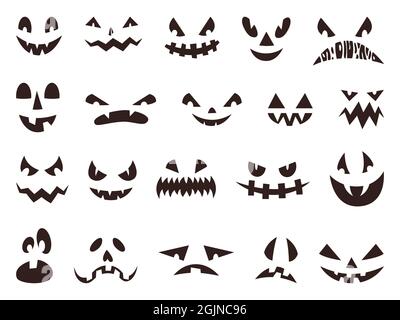 Halloween effrayante potiron visages silhouette, mal les yeux fantômes. Drôle ou effrayant citrouilles mouths, automne lanterne visage icône ensemble de vecteur. Mystérieuses expressions du visage isolées avec trous Illustration de Vecteur