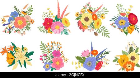 Bouquets fleuris printaniers, bouquet de mariage floral. Nénuphars fleuris, pivoines et fleurs sauvages, ensemble de vecteurs d'arrangement de fleurs de fleurs. Cadeau ou cadeau pour anniversaire ou anniversaire Illustration de Vecteur