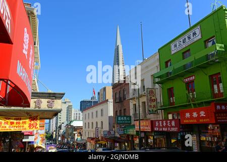 Lim Family Association au 743 Jackson Street à Ross Alley avec Transamerica Pyramid bâtiment dans le quartier historique de Chinatown à San Francisco, Californie CA, U Banque D'Images