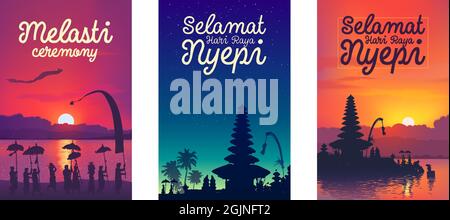 Cérémonie du nouvel an balinais de Melasti et jeu d'affiches vectorielles colorées de Nyepi Illustration de Vecteur