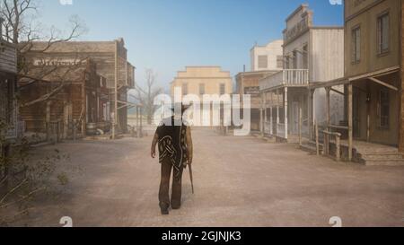 Un cow-boy ou un tireur qui s'éloigne du spectateur le long d'une rue poussiéreuse vide dans une vieille ville sauvage de l'ouest portant un fusil dans sa main droite. Illustration 3D Banque D'Images