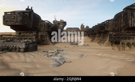 Ruine abandonnée d'un avant-poste dans le désert d'une planète extraterrestre éloignée. Rendu 3D Scence fiction FANTASY concept. Banque D'Images