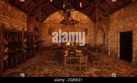 Cuisine médiévale avec sol et murs en pierre, tonneaux à vin, table avec nourriture et feu ouvert dans une cheminée. Illustration 3D. Banque D'Images