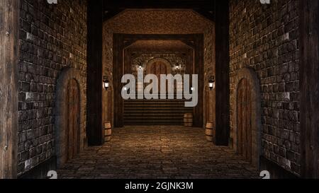 Château médiéval ou couloir de l'auberge avec murs en pierre, plancher et marches menant à une porte en bois. Illustration 3D. Banque D'Images