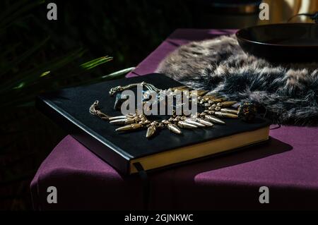 Image d'un ensemble de dés de jeu de rôle gris foncé et d'un collier en argent sur un bloc-notes noir de couverture rigide au soleil de l'après-midi Banque D'Images