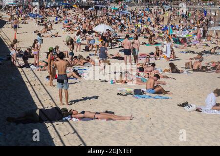 Sydney, Australie. Samedi 11 septembre 2021. Les gens se détendent sur la plage de Bondi quand les températures de printemps atteignent aujourd'hui 27 degrés. Les restrictions de Covid-19 sont prévues pour se soulager lundi pour les personnes qui, dans certaines parties de Sydney, sont entièrement vaccinées. Jusqu'à cinq personnes seront autorisées à se réunir à l'extérieur. Crédit : Paul Lovelace/Alamy Live News Banque D'Images