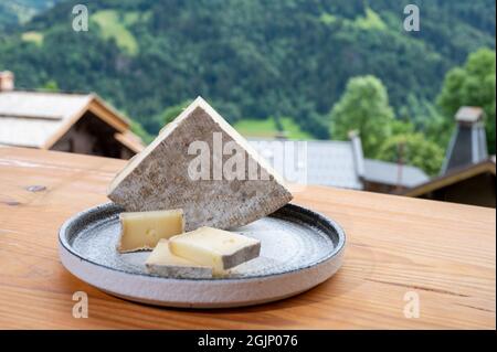 Collection de fromages, tomme de savoie et village de montagnes françaises en haute-Savoie en été en arrière-plan Banque D'Images