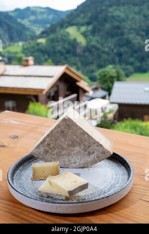 Collection de fromages, tomme de savoie et village de montagnes françaises en haute-Savoie en été en arrière-plan Banque D'Images
