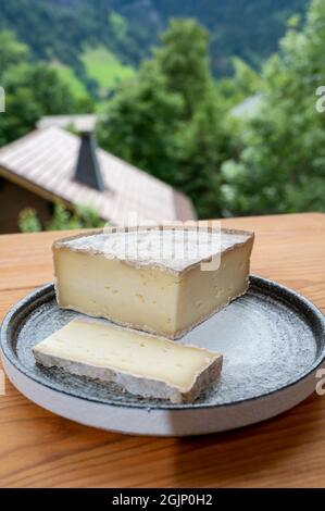 Collection de fromages, tomme de savoie et village de montagnes françaises en haute-Savoie en été en arrière-plan Banque D'Images
