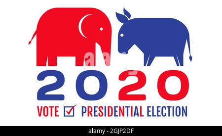 Bannière vintage Vector pour l'élection présidentielle de 2020 aux États-Unis. Illustration vectorielle de l'âne et de l'éléphant. Vote 2020. Illustration de Vecteur