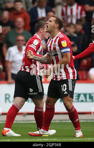 Sheffield, Angleterre, le 11 septembre 2021. Billy Sharp, de Sheffield Utd, célèbre son but lors du match du championnat Sky Bet à Bramall Lane, Sheffield. Le crédit photo devrait se lire: Alistair Langham / Sportimage Banque D'Images